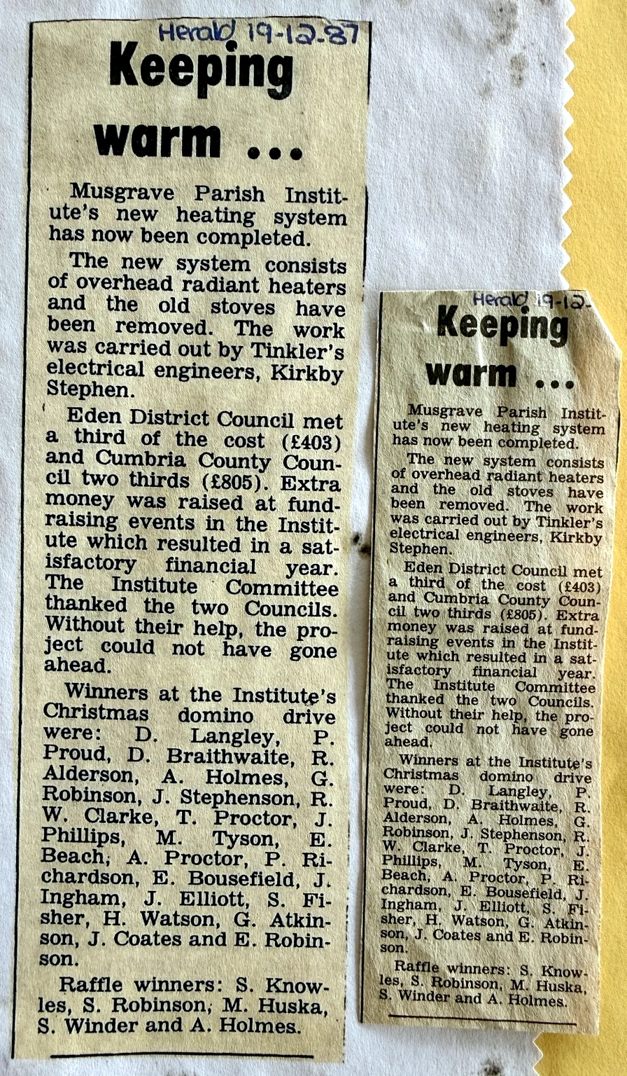 1987 newspaper cutting about the Institute's new heating system